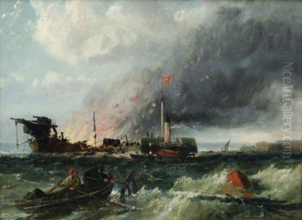 Burning of the 'Eastern Monarch' off Fort Monckton Oil Painting by Richard Beavis