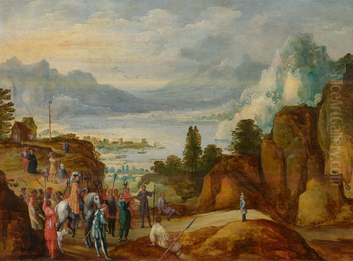 Mountain landscape with William Tell shooting his bow and arrow Oil Painting by Joos de Momper the Younger