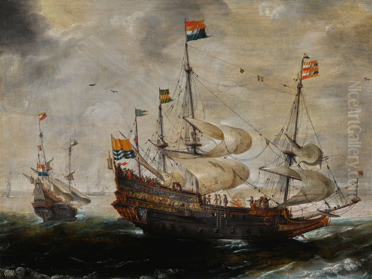 Four-masted ship flying the flag of Zeeland, another vessel beyond Oil Painting by Andries Van Eertvelt