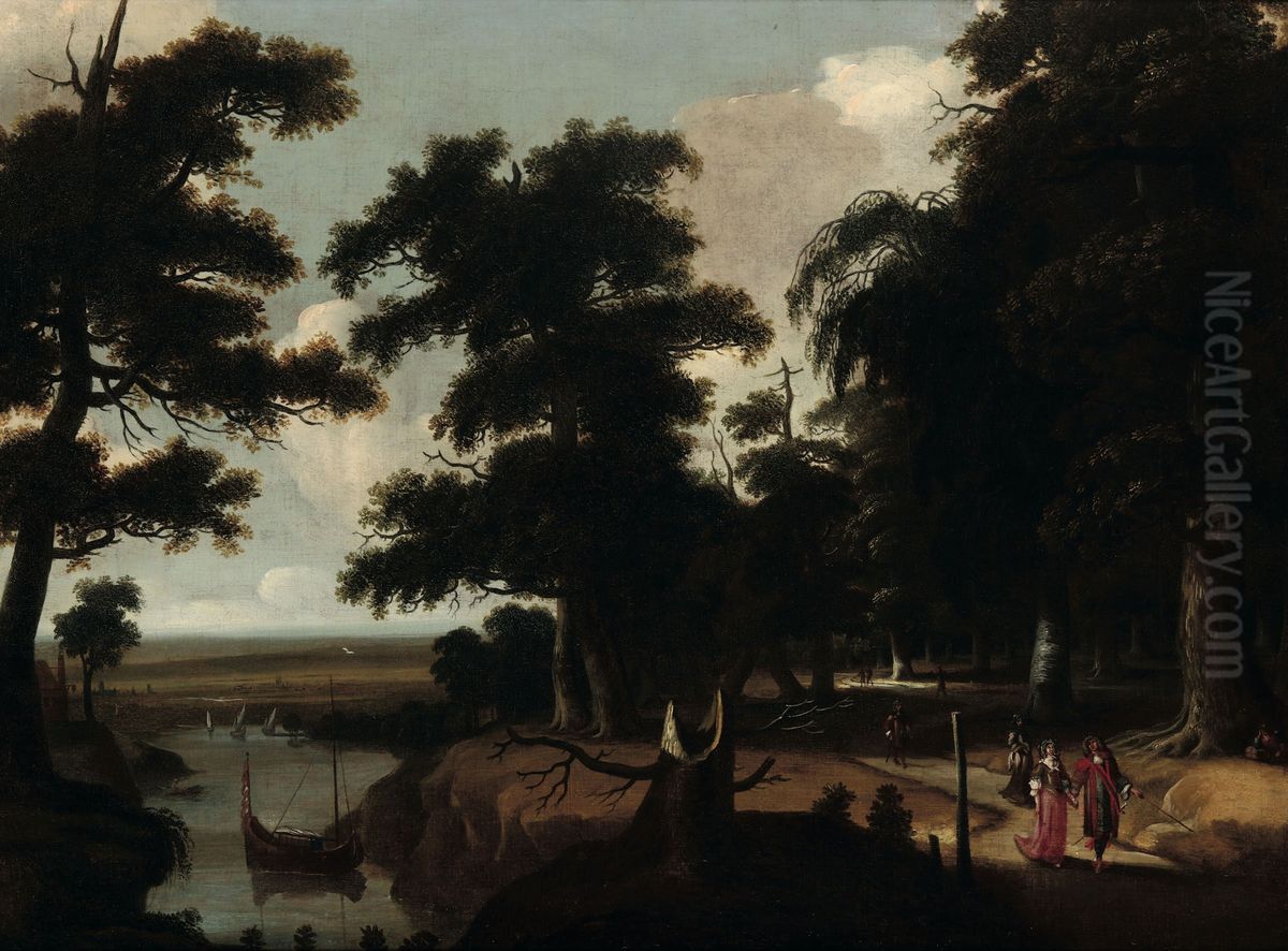 Woodland landscape near a river Oil Painting by Jacques Fouquier