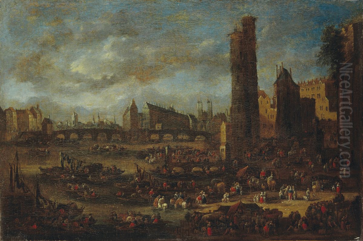 View of Paris, with the Pont Neuf and the Tour de Nesle Oil Painting by Pieter Casteels II