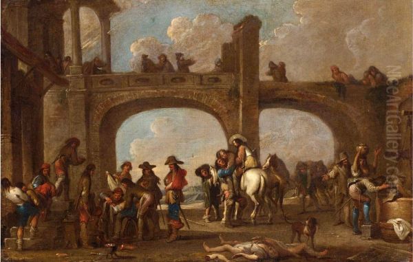 Courtyard scene with soldiers returning from battle Oil Painting by Cornelis de Wael