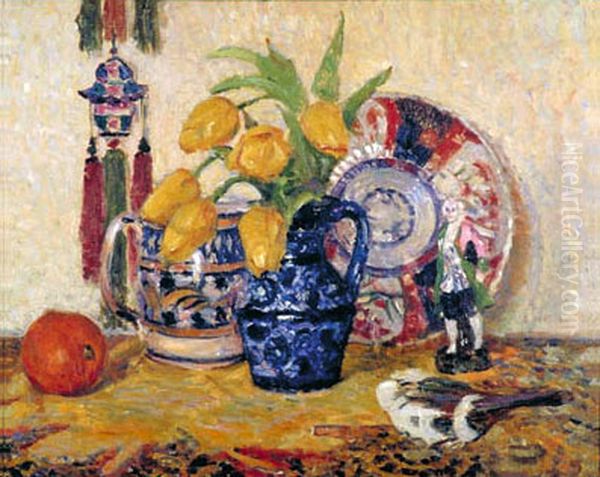 Still Life, Tulips in a Blue Jug Oil Painting by James Bolivar Manson