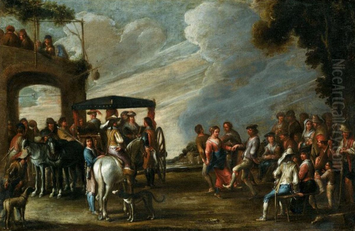 Landscape with ladies descending from a carriage before a tavern, together with figures merrymaking and dancing Oil Painting by Cornelis de Wael