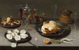 Still life with oysters, roasted chicken, sweets and dried fruits