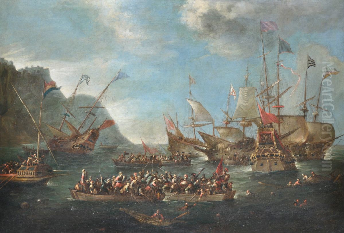 A naval battle between Christian and Turkish ships Oil Painting by Cornelis de Wael