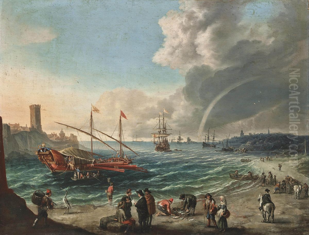 Mediterranean coastal landscape with a embarking galley and ships lying in the roads Oil Painting by Cornelis de Wael