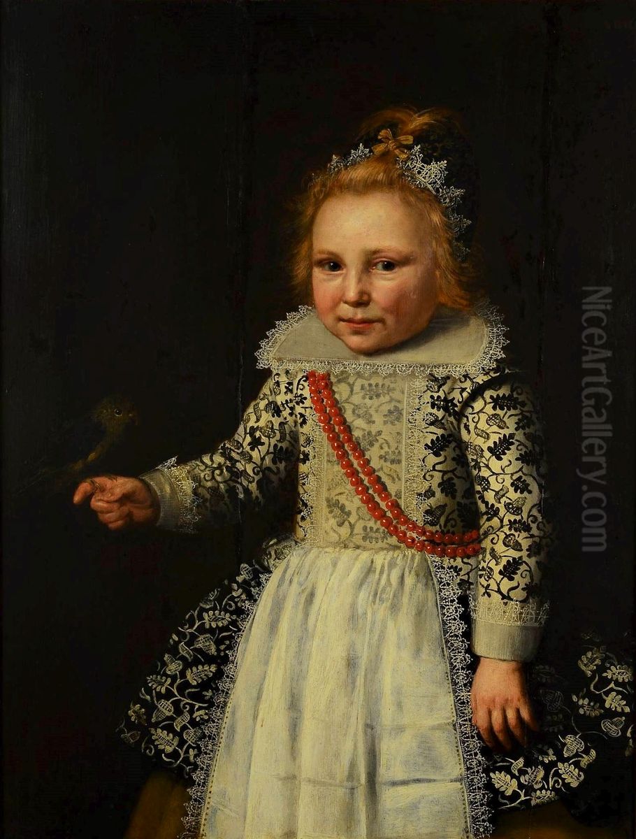 Portrait of a child with a bird. Oil Painting by Wybrand de Geest