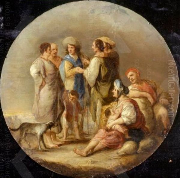Gypsies reading the hand of a young traveler. Oil Painting by Cornelis de Wael