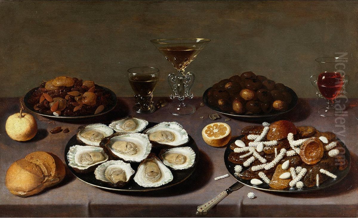 Still life with sweet cake and pastries, chestnuts, wine glasses, oysters and bread rolls Oil Painting by David Rijckaert (II)