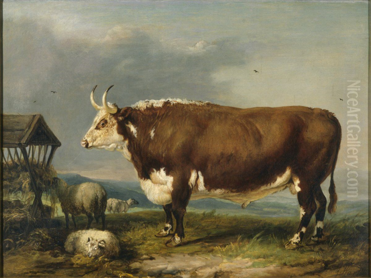 Hereford Bull with Sheep by a Haystack Oil Painting by James Ward