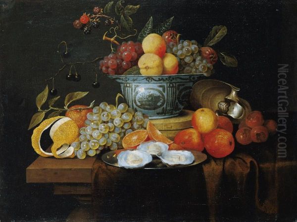 Fruit still life with a wan-li bowl and oysters on a plate Oil Painting by Joris Van Son