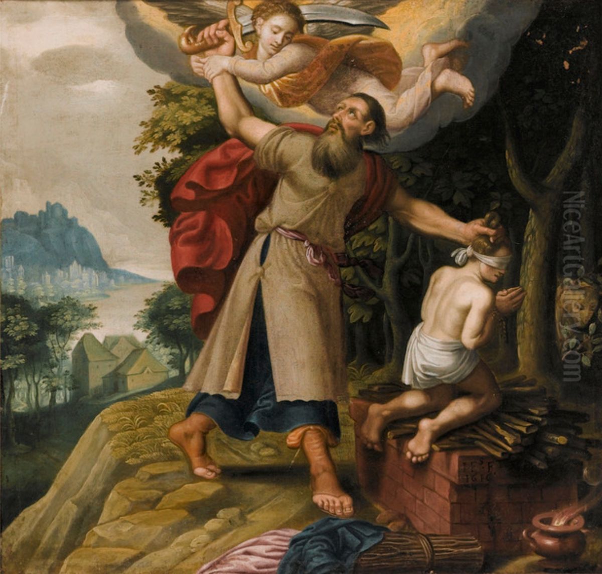 The angel restraints Abraham from sacrifising Isaac Oil Painting by Jacob Franquart the younger
