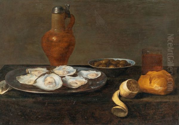 Still Life with oysters, lemon, olives, and a jug Oil Painting by Jacob van Es