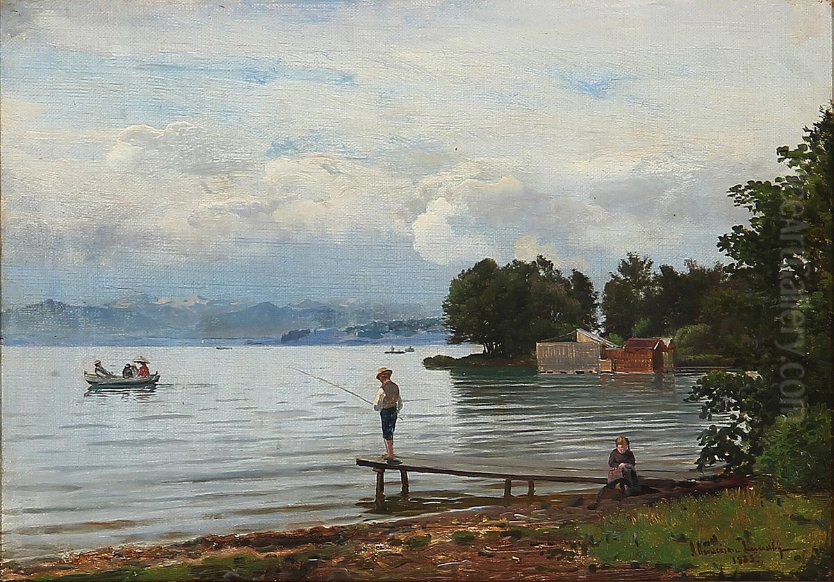 A lake in the mountains with a boy fishing. Oil Painting by Anders Andersen-Lundby