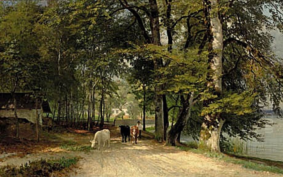 A farmer with cows at the edge of a lake. Oil Painting by Anders Andersen-Lundby