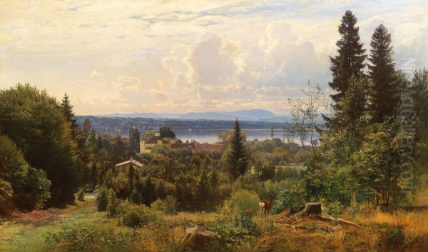 Summer's Day on Lake Starnberg, Possenhofen Castle in the foreground Oil Painting by Anders Andersen-Lundby