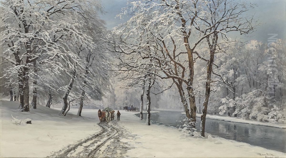 The English Garden in Munich in winter. Oil Painting by Anders Andersen-Lundby