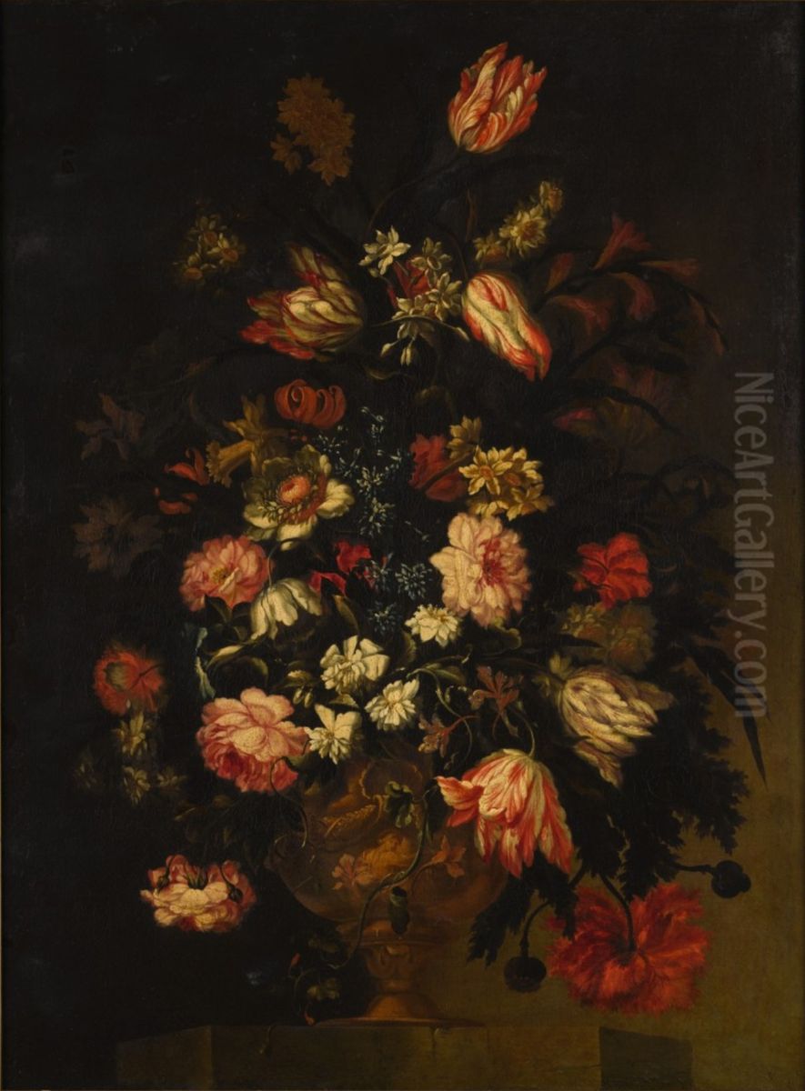Still life of flowers in an urn, including tulips, roses and poppies, all on a stone ledge Oil Painting by Francesco Caldei