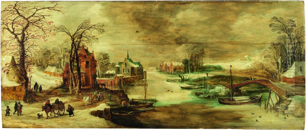 River landscape in winter with travellers Oil Painting by Jan Brueghel the Younger