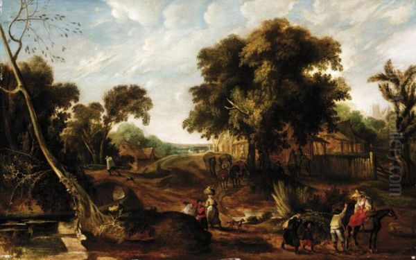 Extensive landscape with many figures passing through a village Oil Painting by Pieter van der  Hulst (II)
