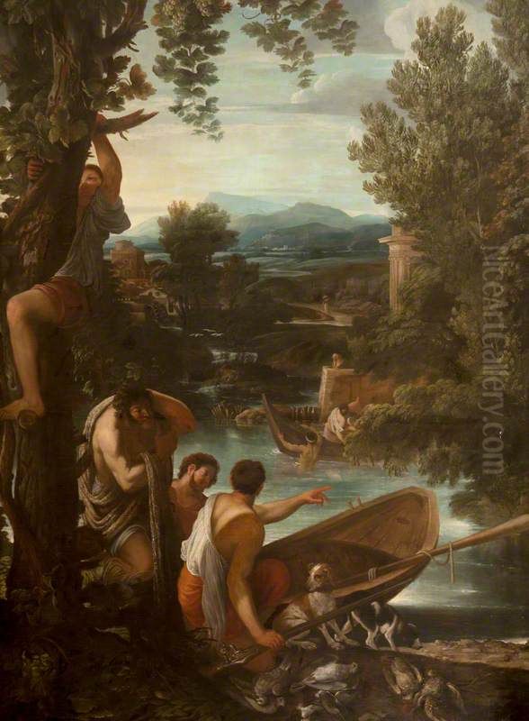 River Landscape with Fishermen and Sportsmen Oil Painting by Giovanni Francesco Grimaldi