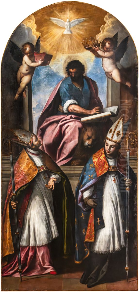 Saint Mark Enthroned with saints Charles Borromeo and Louis of Toulouse Oil Painting by Palma il Giovane