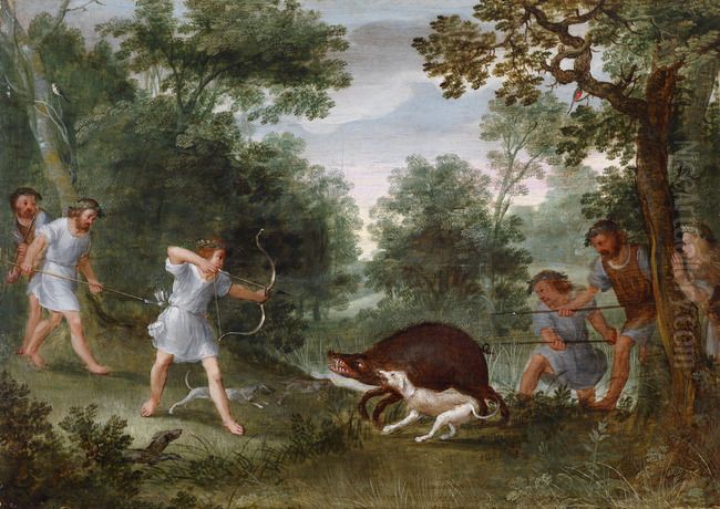 Wooded landscape with a wild boar hunt Oil Painting by Meester Met De Hemden