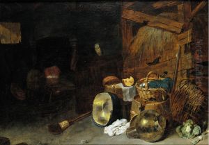 Barn interior with a still life of kitchen utensils and an owl, two men beside a fire beyond