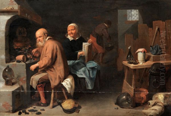 Alchemist and his wife in a workshop Oil Painting by David Ryckaert III