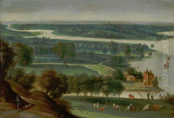 Extensive wooded river landscape, with a hunter on a path and a milkmaid Oil Painting by Master of the Broccoli Landscapes