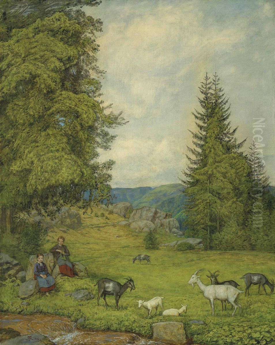 Kinder mit Ziegenherde Oil Painting by Hans Thoma