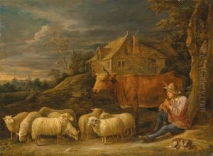 A shepherd playing the flute to his flock