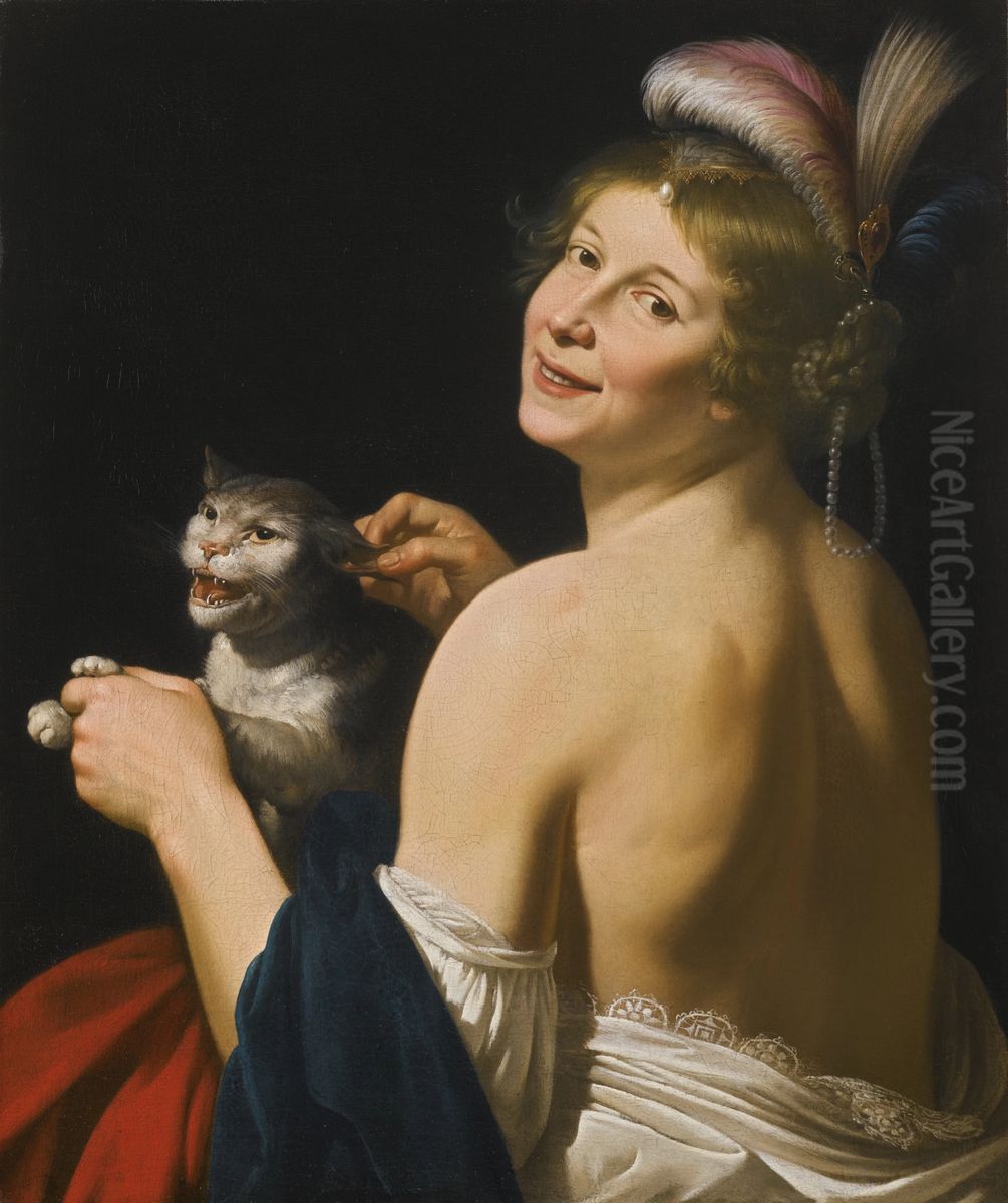 Young woman playing with a cat Oil Painting by Jan Van Bijlert