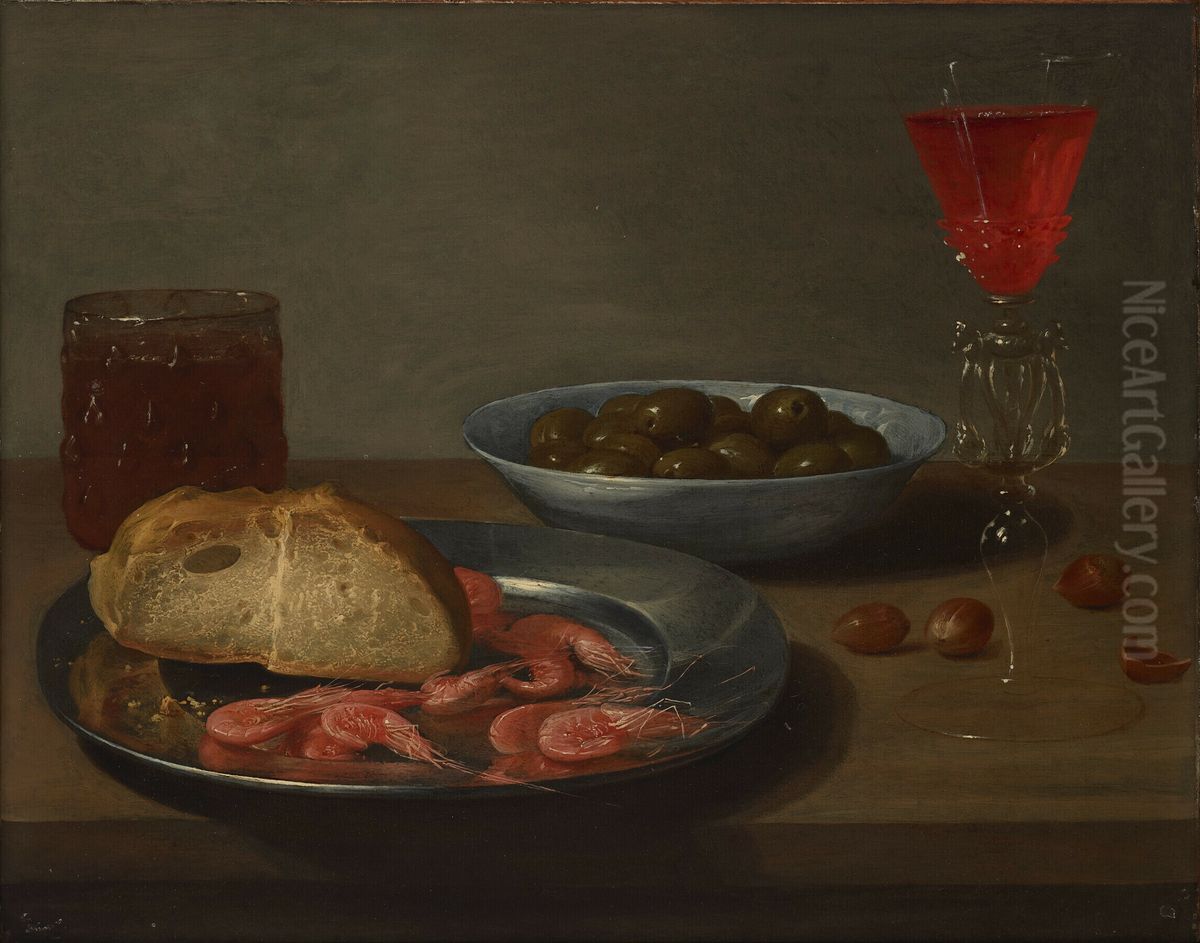 A plate with prawns and a roll, a bowl with olives, a facon de Venise, a glass of beer and almonds on a table Oil Painting by Jacob van Es