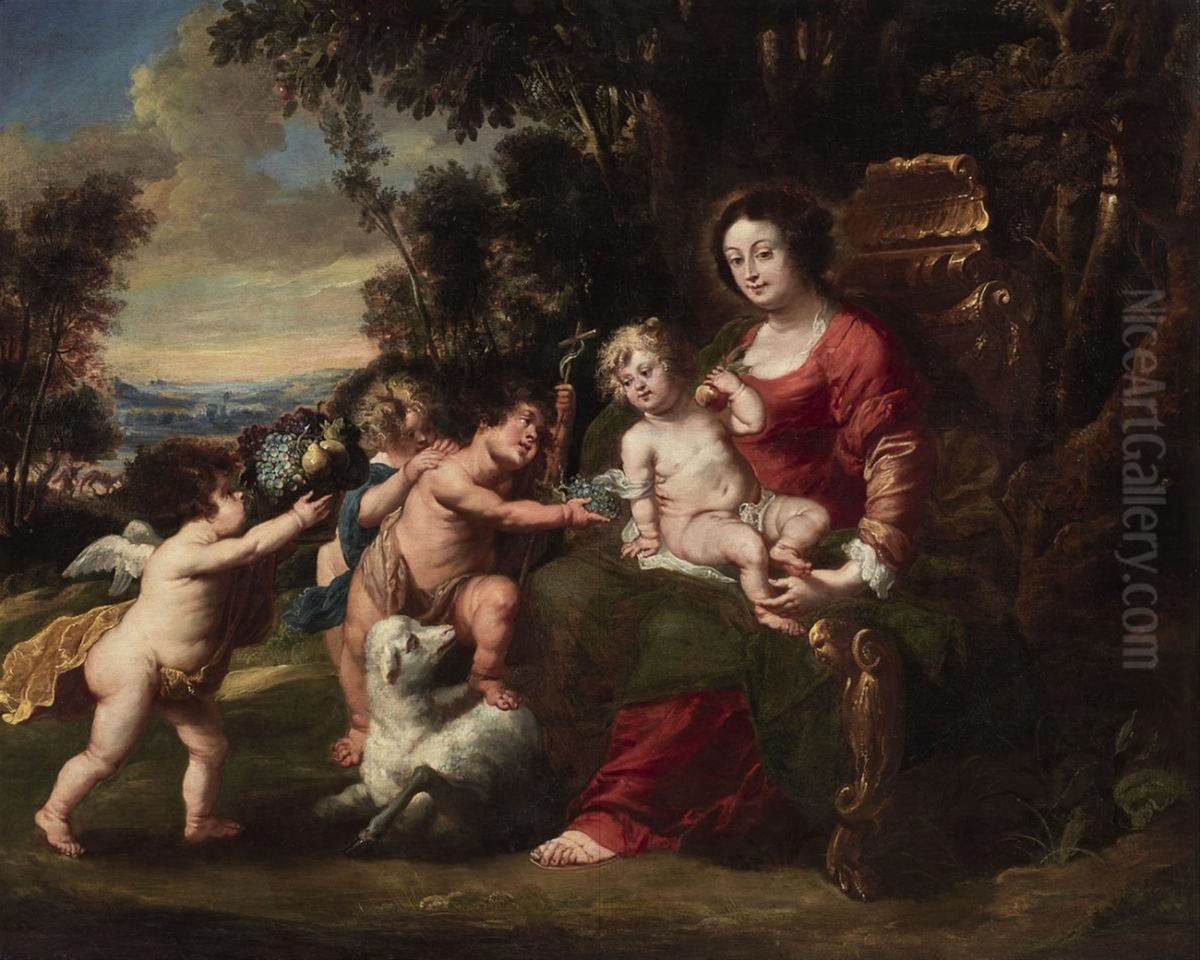 Virgin with child, the infant John the Baptist and putti Oil Painting by Jan Thomas van Ieperen