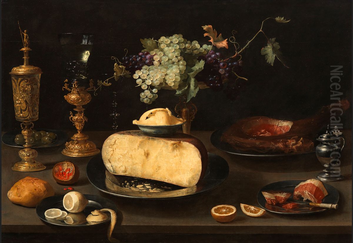 Still life with cheese and other foods on a table Oil Painting by Jacob van Es