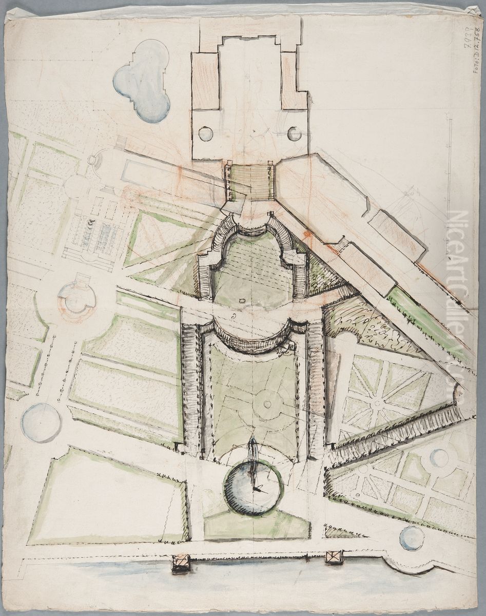 Projekt for en arrivee d'honneur jamte terrassering ned mot Seine i tradgarden vid Saint-Cloud Oil Painting by Andre Le Notre