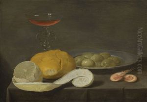 Still life with a wine glass, peeled lemon, bread roll, olives and shrimps