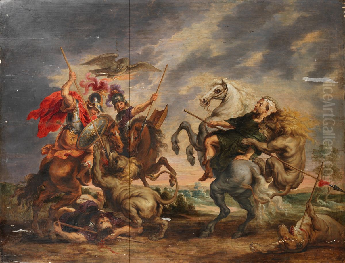 Lion hunts Oil Painting by Simon de Vos