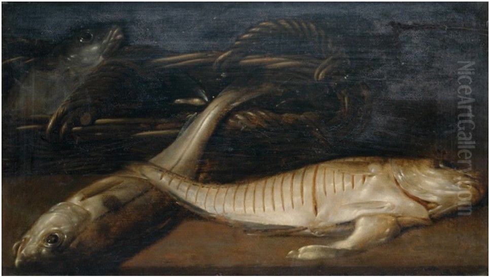 Fish and a basket of mussels on a table Oil Painting by Pieter van Bronckhorst