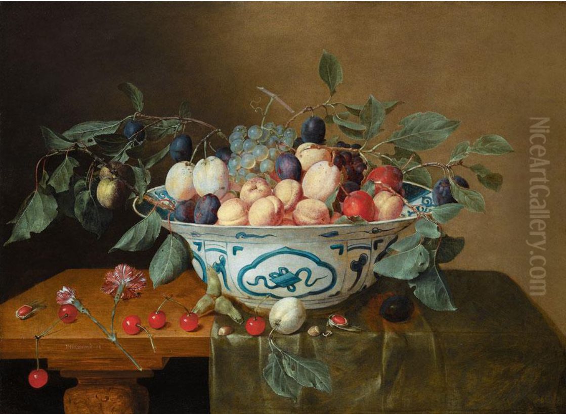Still life of apricots, plums, red and white grapes in a Wan Li porcelain bowl, with cherries, hazelnuts, carnations and plums on a wooden tabletop Oil Painting by Jacob van Hulsdonck