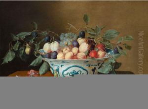 Still life of apricots, plums, red and white grapes in a Wan Li porcelain bowl, with cherries, hazelnuts, carnations and plums on a wooden tabletop