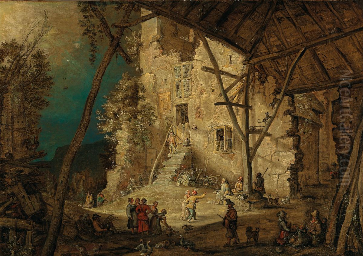 Peasants near a ruinous watchtower Oil Painting by Roelant Savery