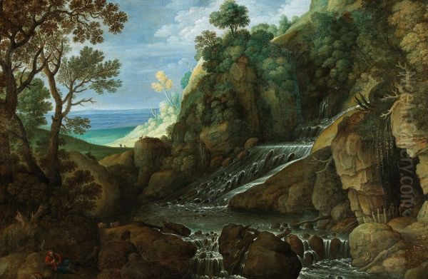 Rocky landscape with a waterfall Oil Painting by Marten Ryckaert