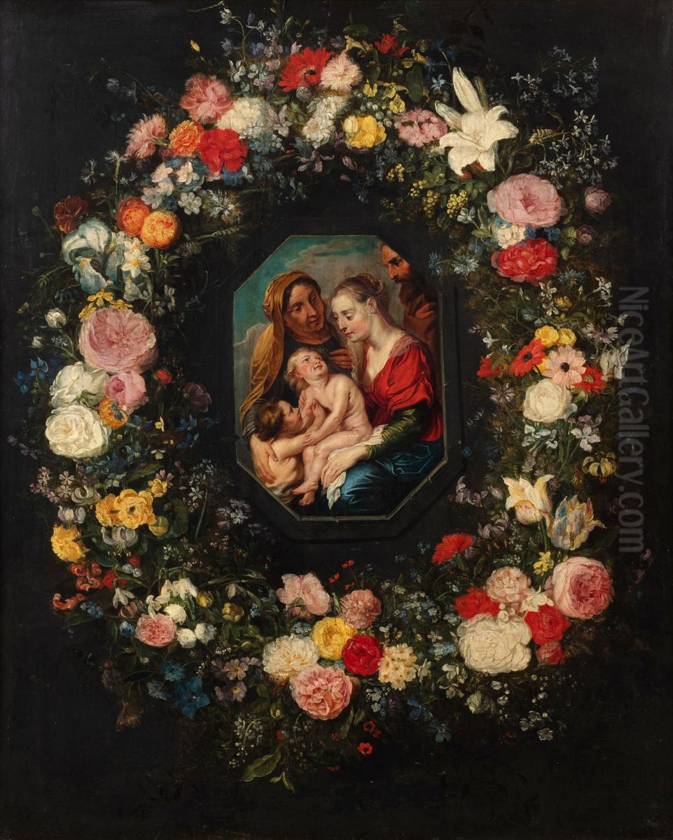 Virgin and Child with Saints Anne and John in a garland of flowers Oil Painting by Jan Brueghel the Younger
