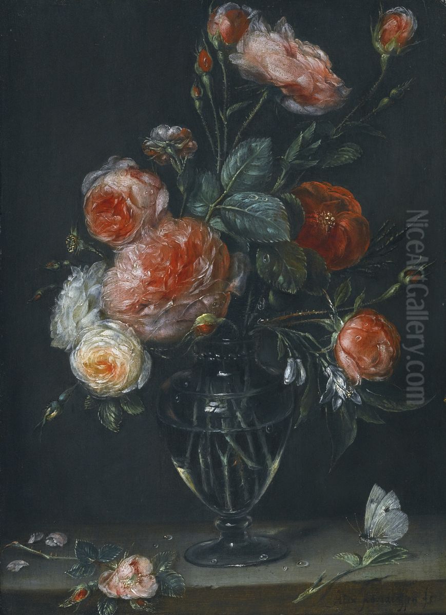 Still life of roses in a glass jar on a stone ledge with a butterfly Oil Painting by Alexander Adriaenssen