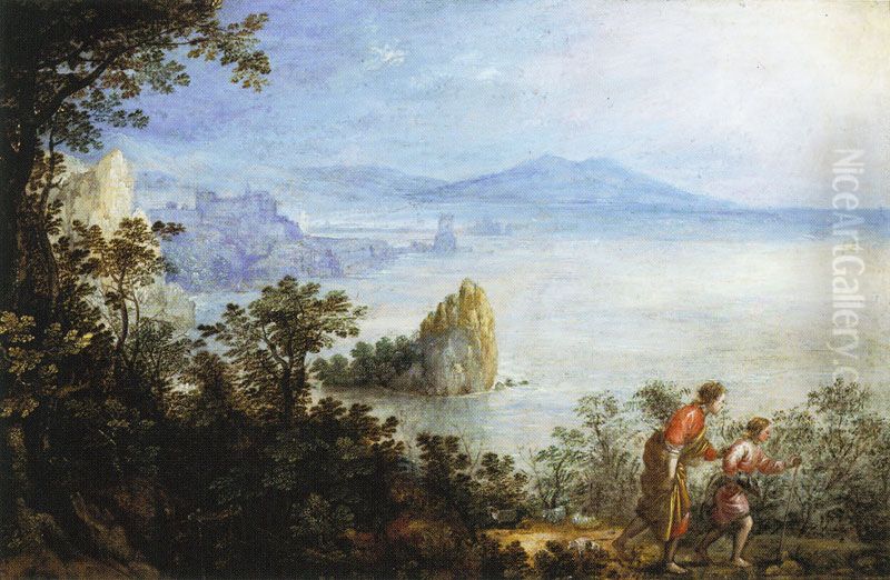 Coastal Mountain Landscape with Tobias and the Angel Oil Painting by Marten de Cock