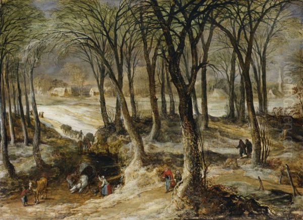 Winter landscape with an overturned horse-drawn cart, and figures driving a herd Oil Painting by Jan Brueghel the Younger