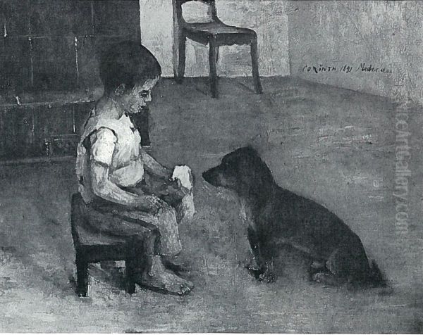 Kind mit Butterbrot und Hund Oil Painting by Lovis Corinth